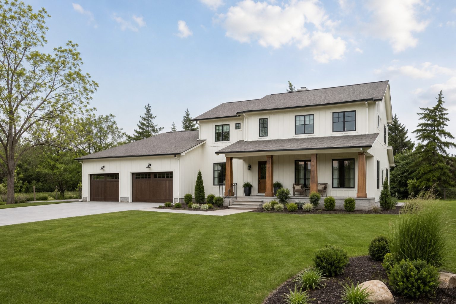 A calm, tidy, well-kept exterior of the kind of property a pressure washing business serves -- shown wide and eye-level, the whole property with its yard or entrance visible, not a close-up detail, no people